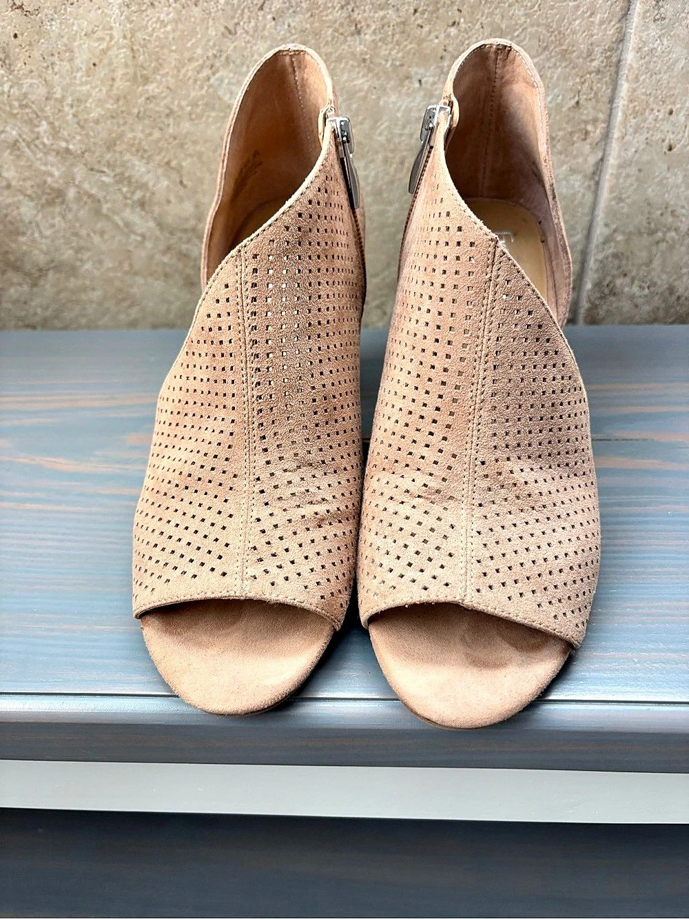Franco Sarto Dakota Perforated Suede Ankle Booties Perforated Peep Toe Heels in